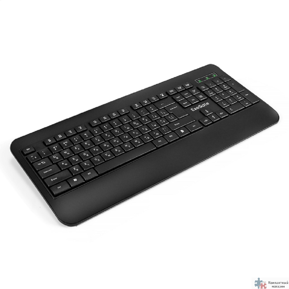 Exegate EX296922RUS Клавиатура ExeGate Professional Standard LY-E5500M (USB, полноразмерная, влагозащищенная, 104кл., Enter большой, подставка под запястья, длина кабеля 1,35м, черная, Color Box)