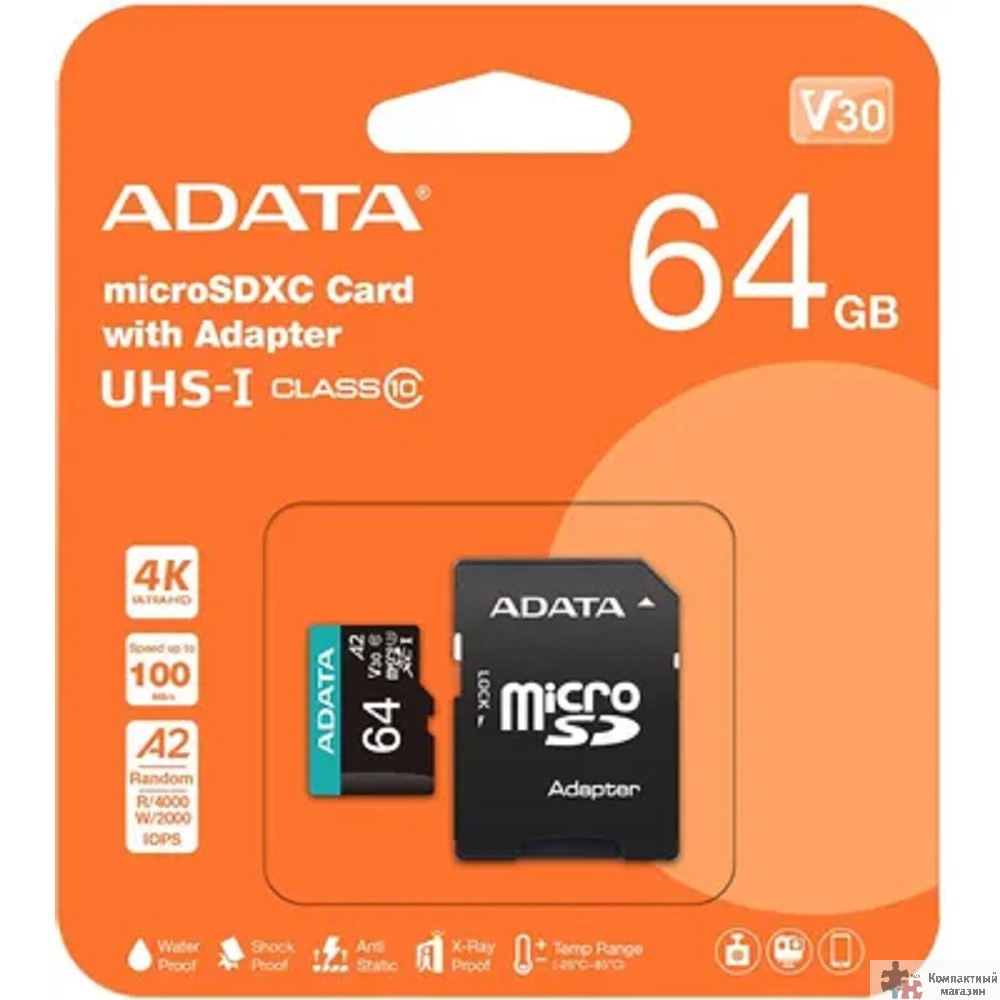 Micro SecureDigital 64GB A-Data AUSDX64GUI3V30SA2-RA1 Premier Pro + adapter  Class10 