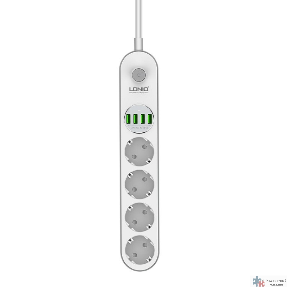 Perfeo LD_B4438  LDNIO SE4432/ Сетевой удлинитель 2м + ЗУ на 4 USB/ 4 розетки (медь) - 2500W/ USB - 17W/ White&Gray